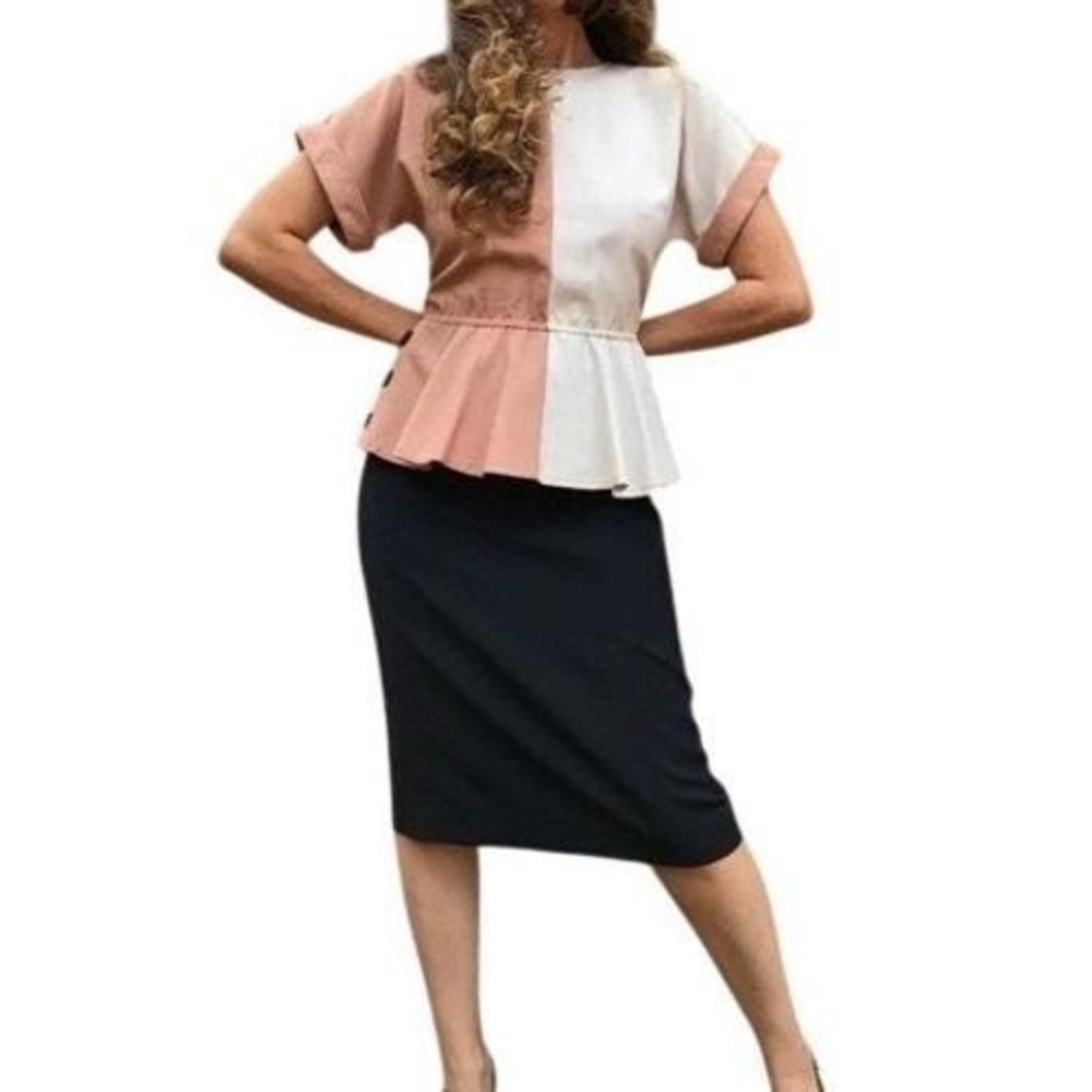 Vintage 80s Leslie Faye Colorblock Peplum Belted Structured Dress Womens SZ 6 6